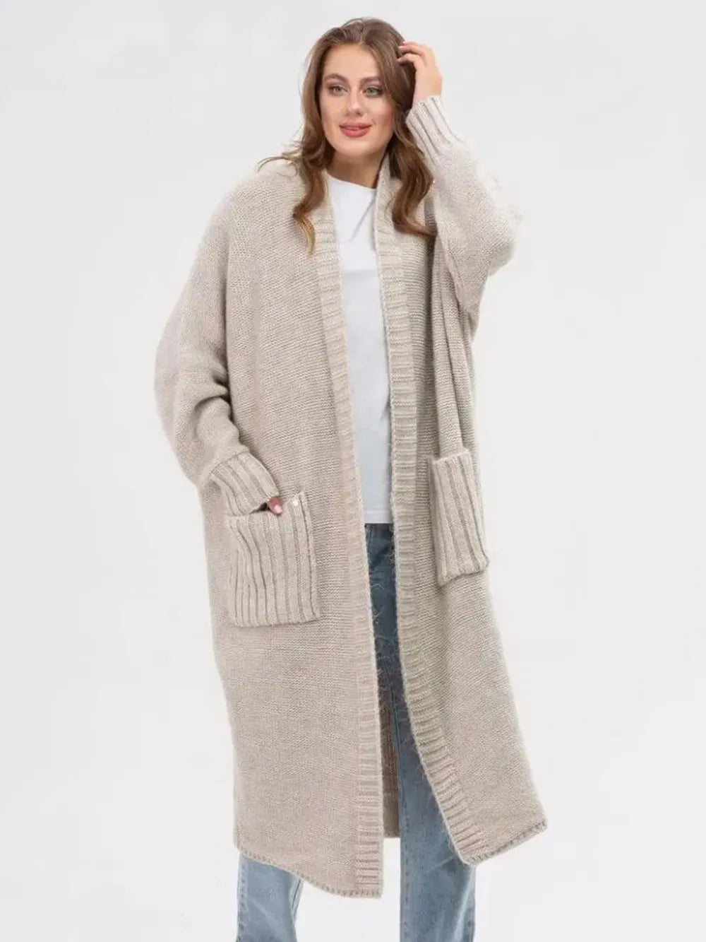 Pocketed Open Front Long Sleeve Longline Cardigan Dust Storm One Size - Fashorio