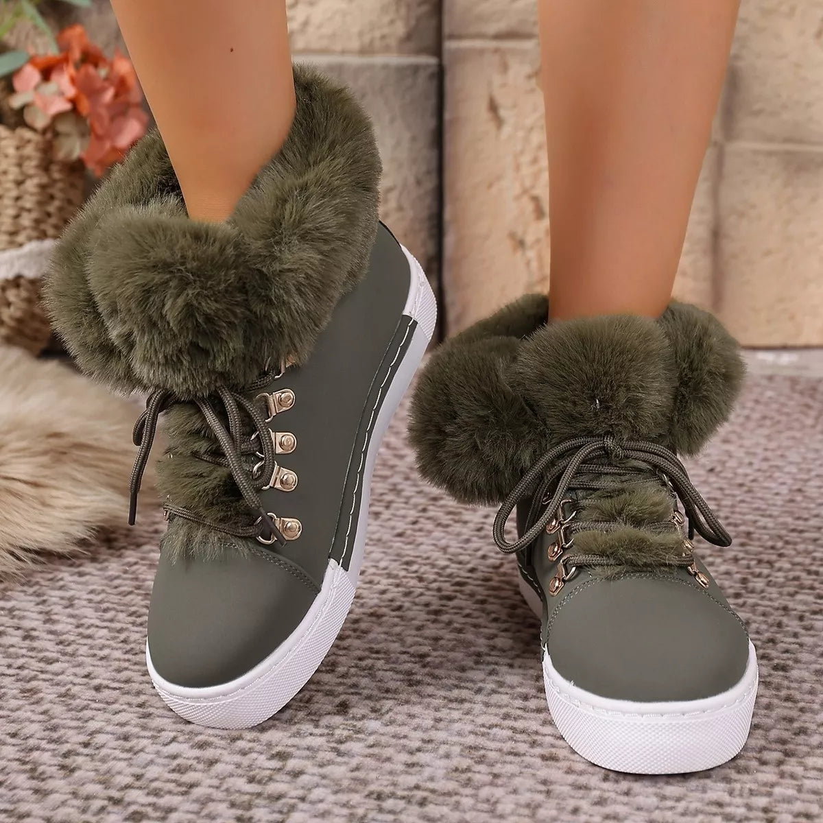 Fuzzy Trim Lace Up Ankle Boots heel and sole detail