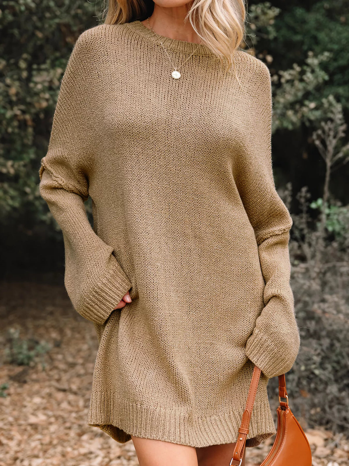camel oversize drop shoulder sweater dress side view