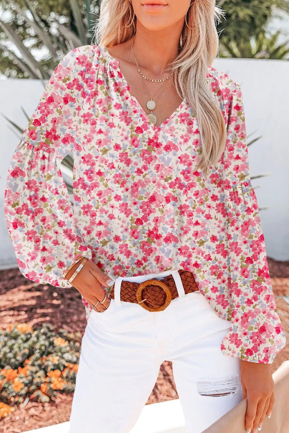 Printed notched neck long sleeve blouse front view