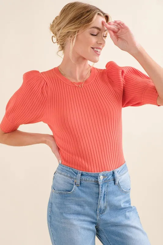 And The Why Puffed Half Sleeve Rib Basic Bodysuit Coral - Fashorio