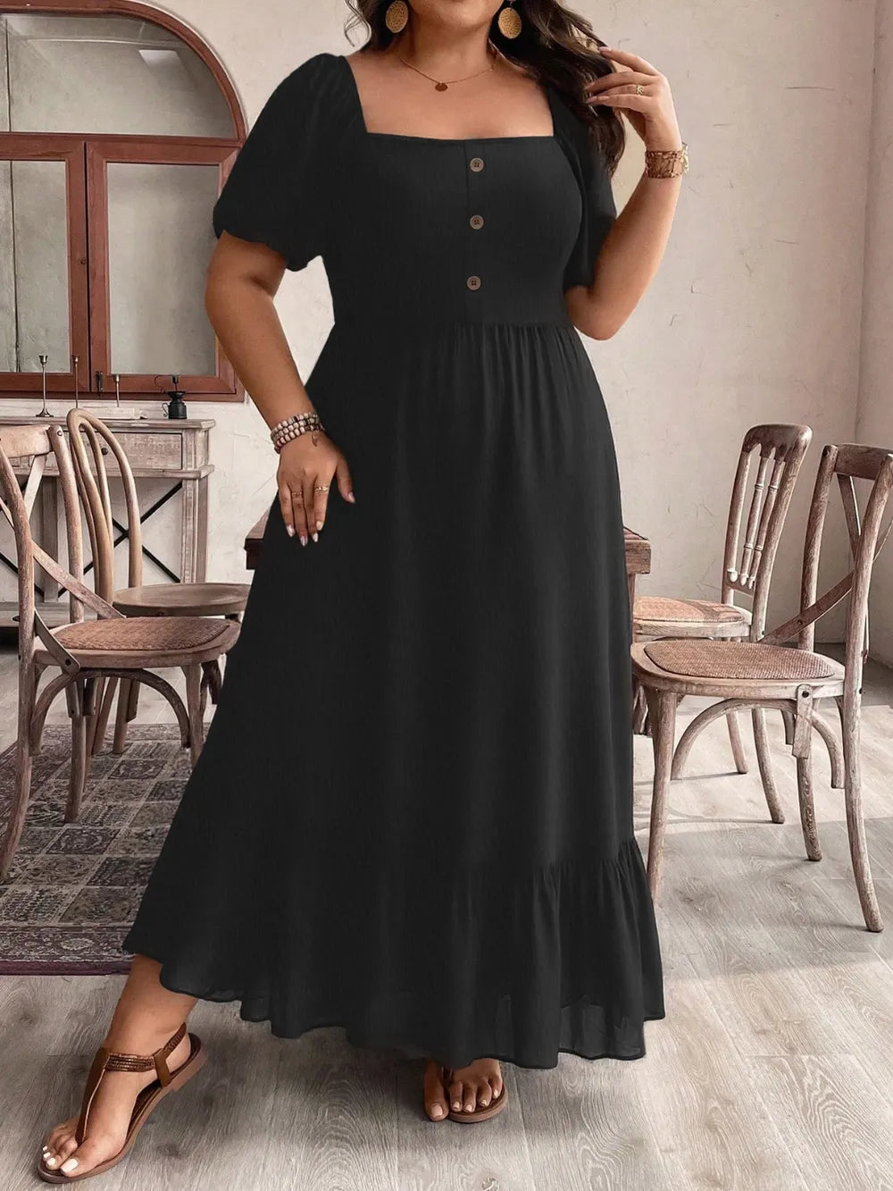 Black plus size square neck short sleeve ruffle hem maxi dress full length view