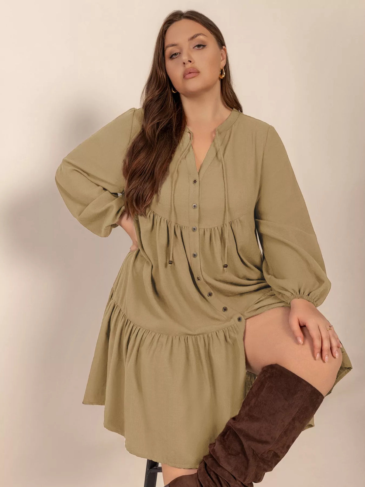 Ruched tie neck dress back view