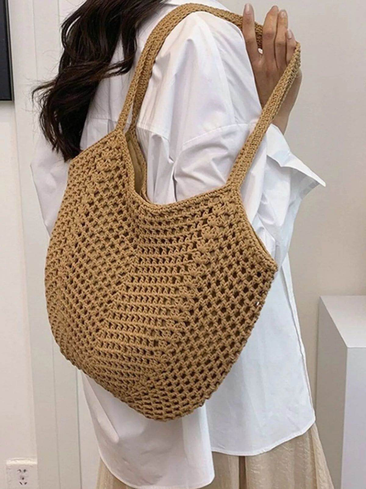 Khaki straw summer bag side profile