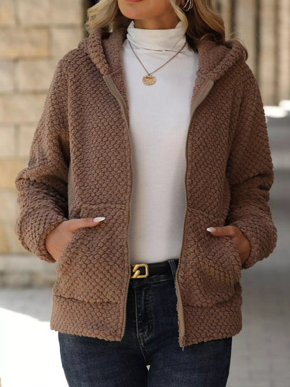 Textured Knit Zip-Up Hooded Outerwear Khaki - Fashorio