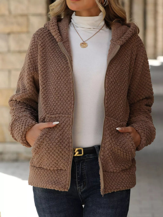 Textured Knit Zip-Up Hooded Outerwear Khaki - Fashorio