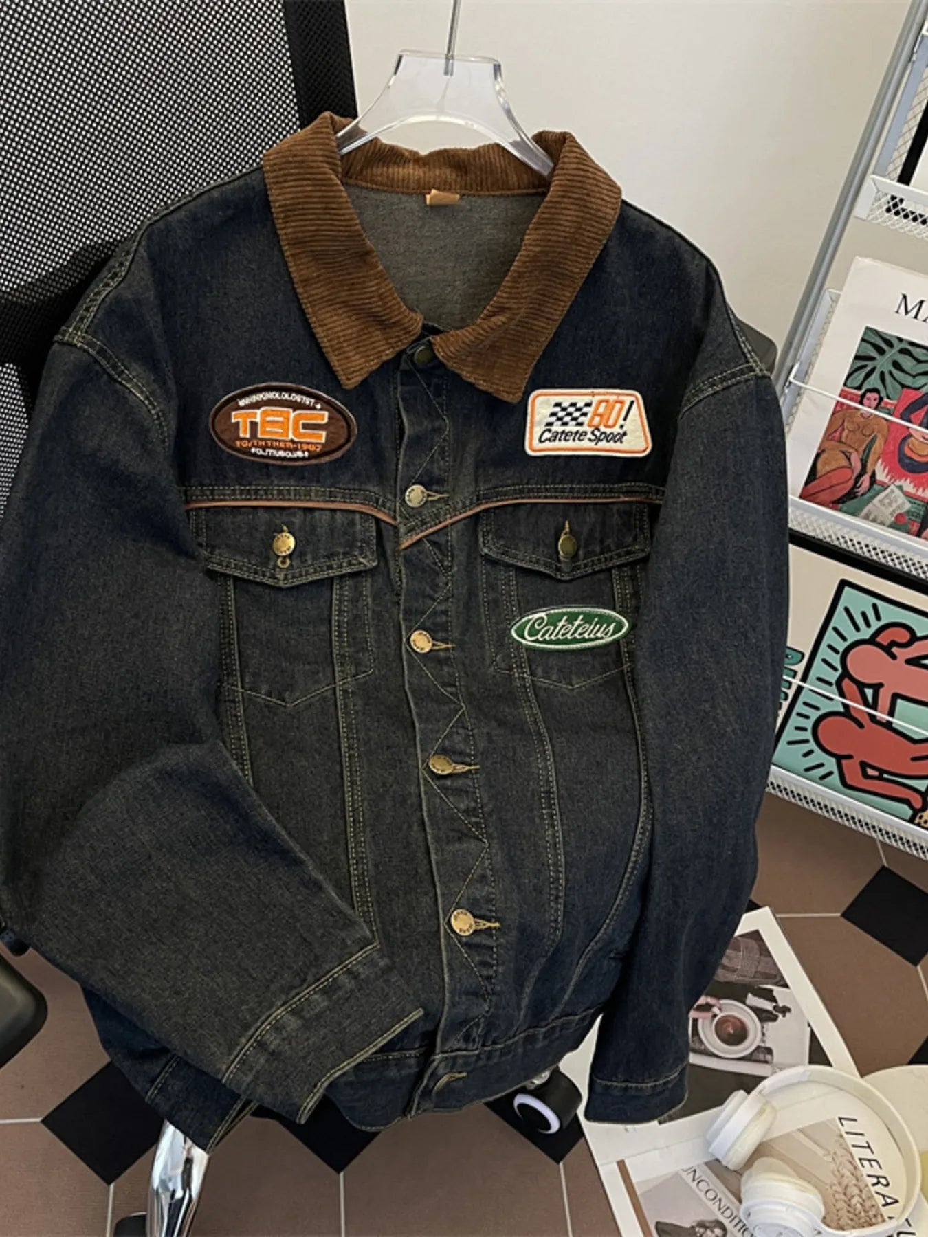 Men's Plus Size Corduroy Collar Button Up Denim Jacket - Fashorio