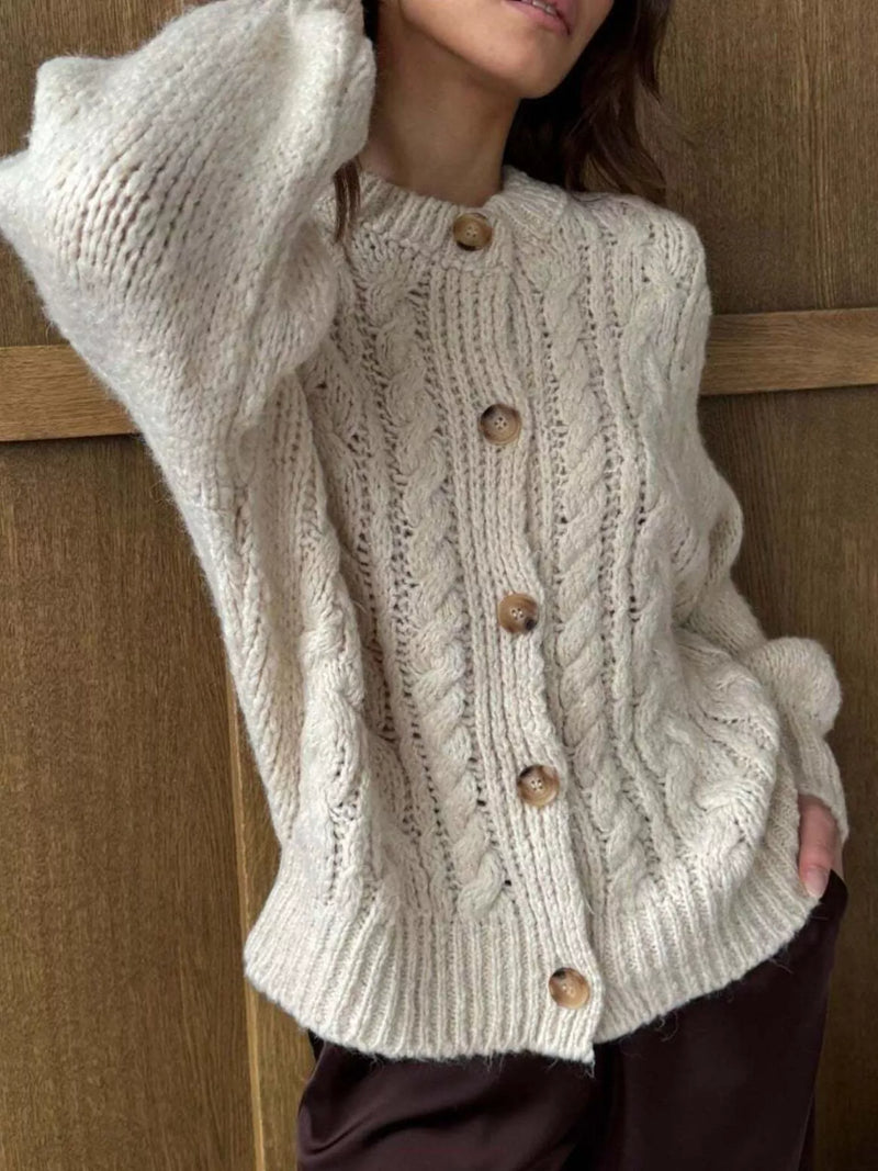 Cable knit button down cardigan front view
