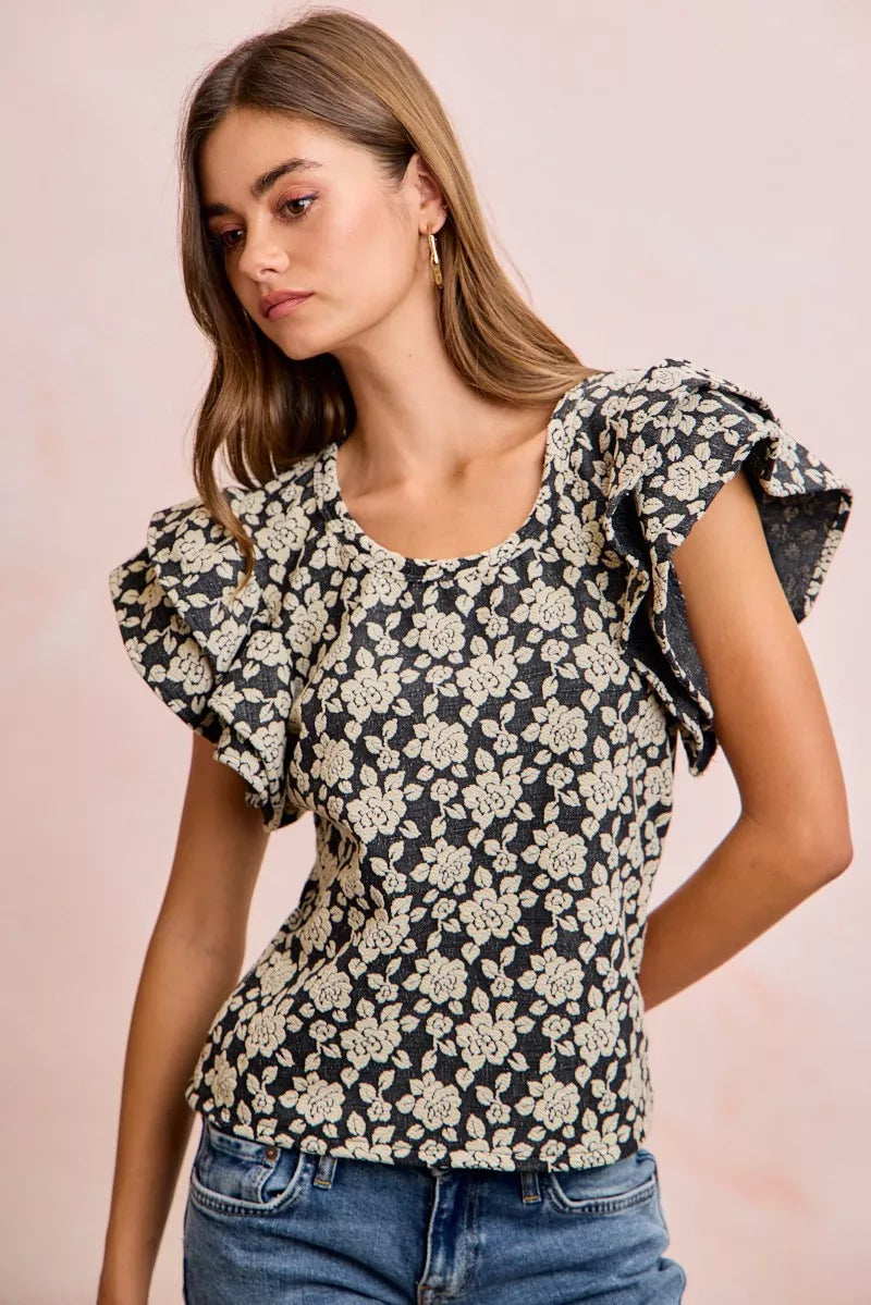 Black floral ruffle sleeve knit top back view