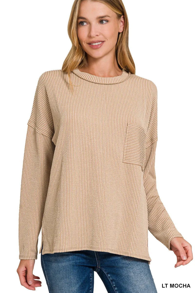 Zenana Long Sleeve Drop Shoulder Rib Top LT MOCHA - Fashorio