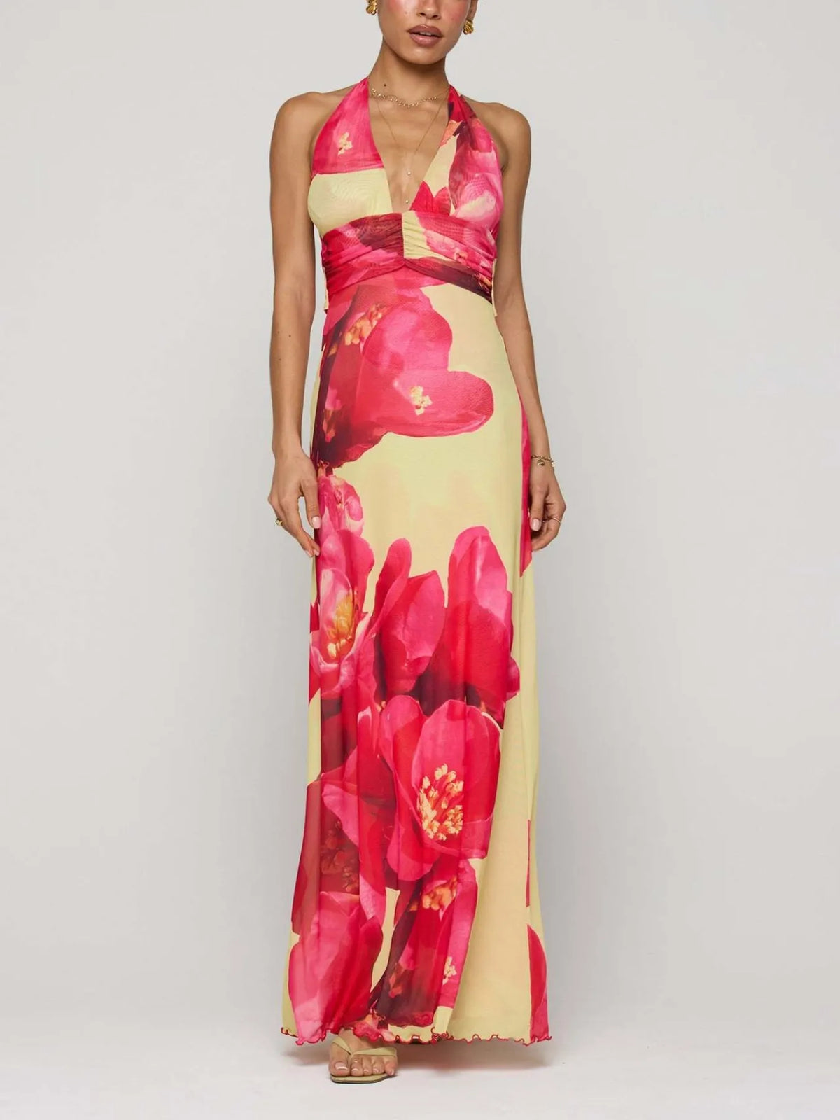 floral halter deep v maxi dress front view