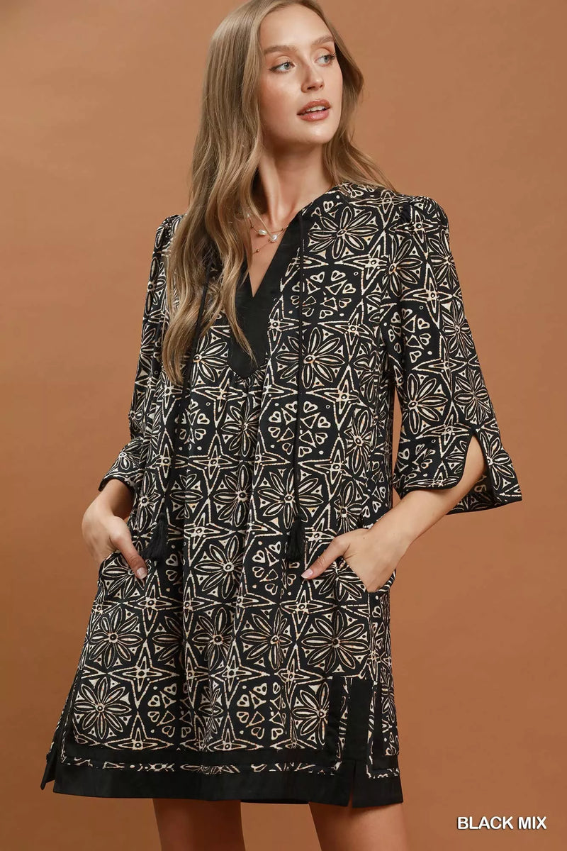 Umgee geometric print v neck tassel tunic dress front view