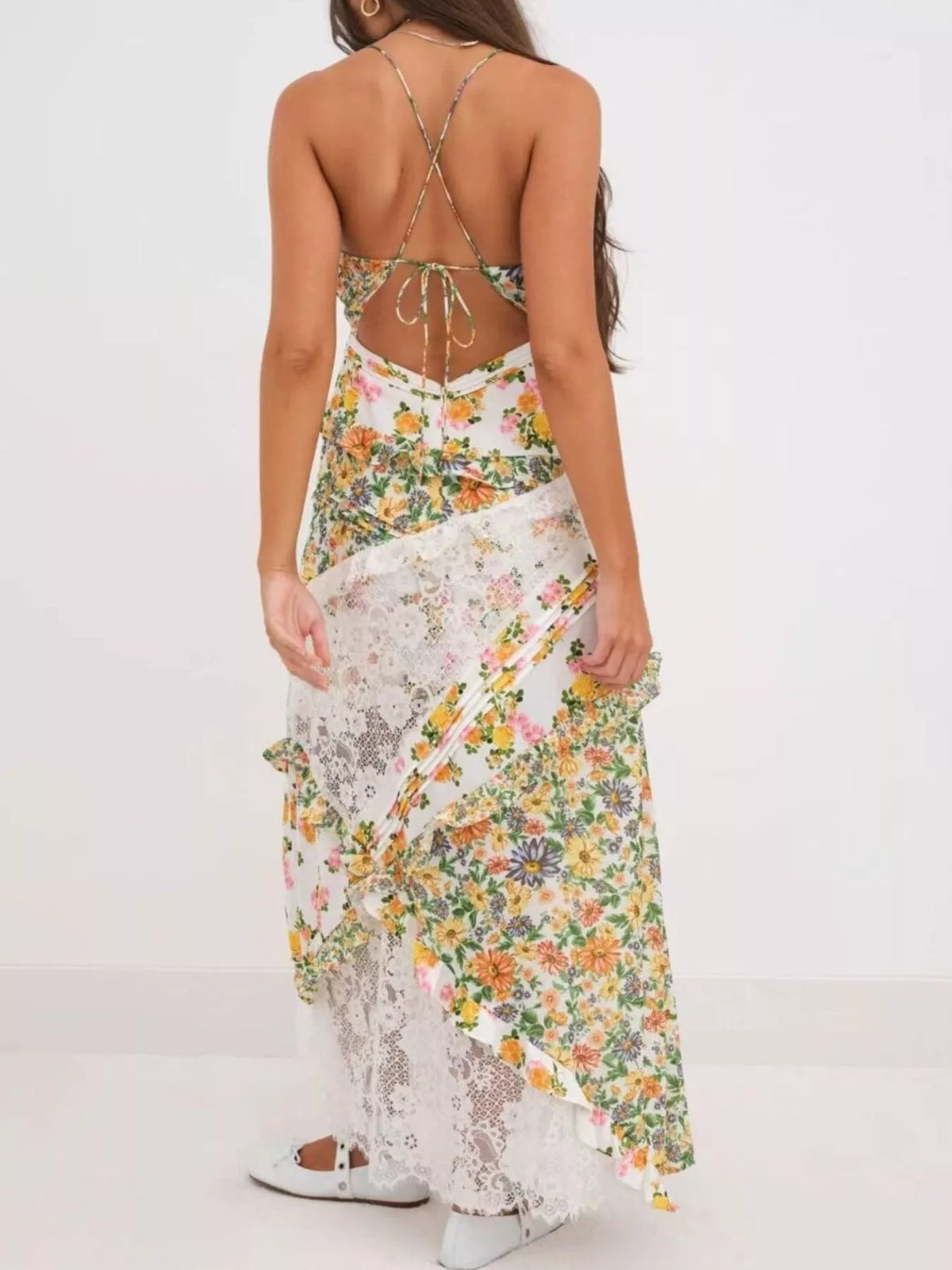 Lace detail ruffled floral v neck maxi dress, back view