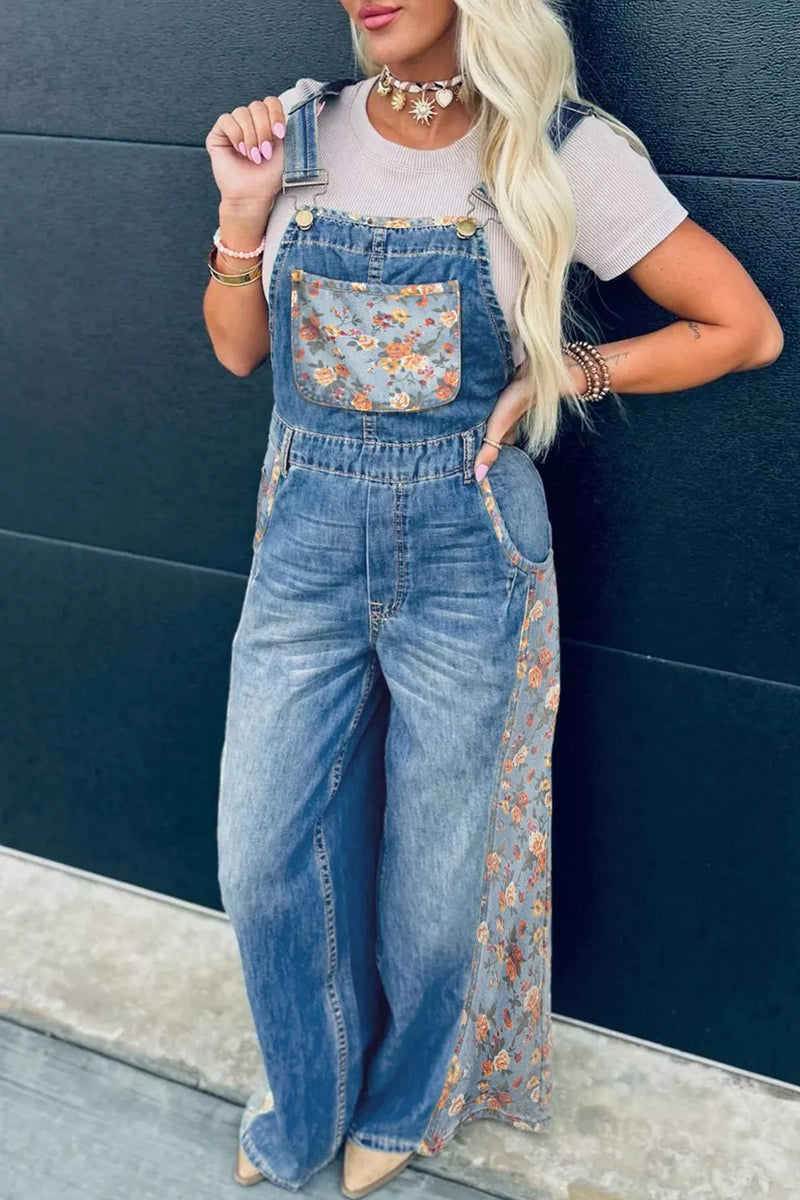 Vintage rose printed pleated loose denim overall front view
