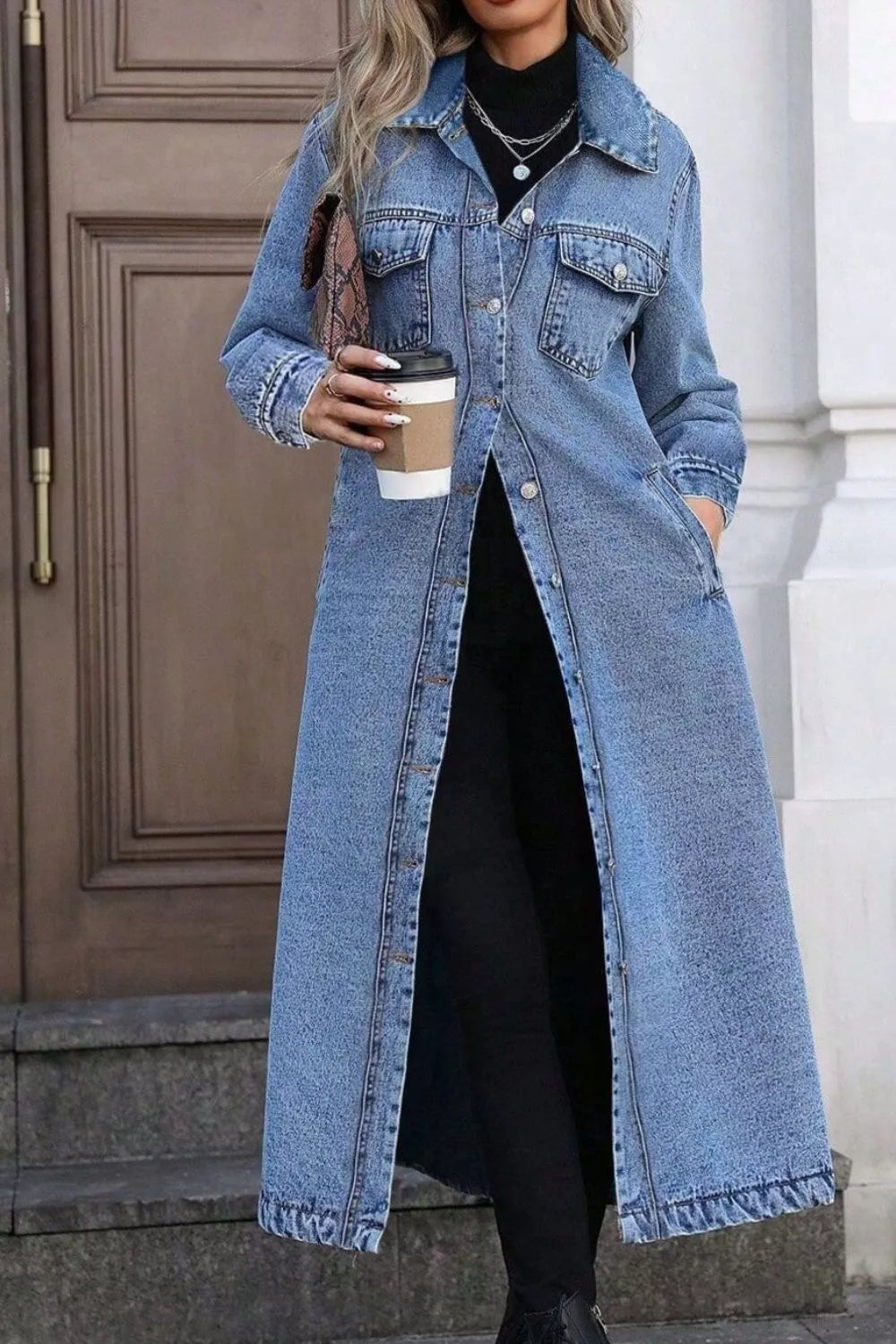 Longline Button Down Denim Jacket in Blue back view