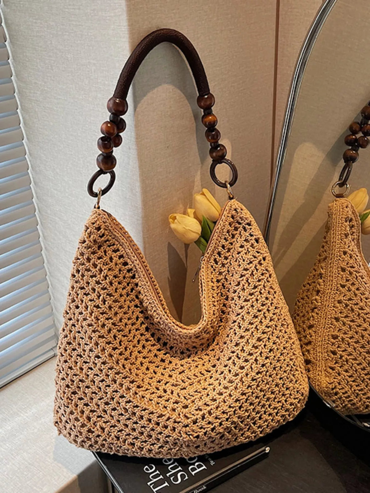 Khaki knitted shoulder bag with bead handle