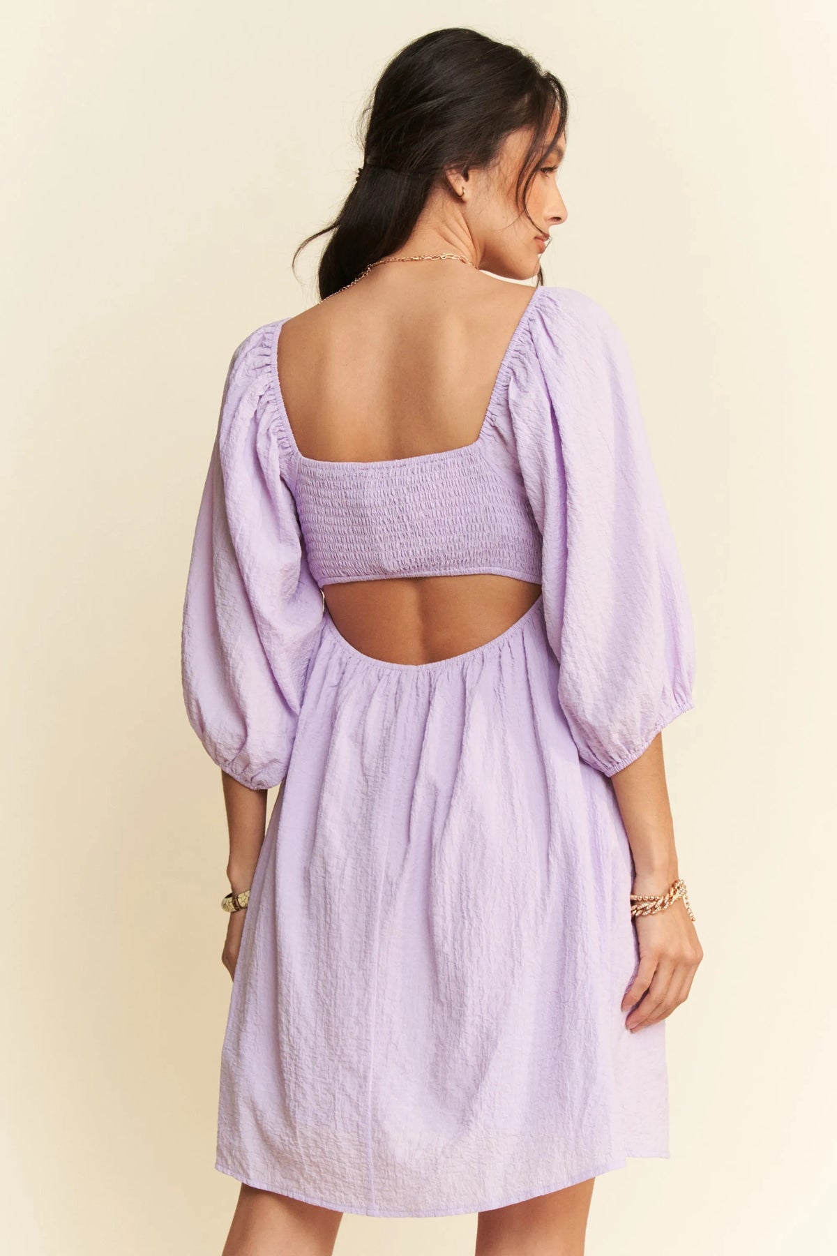 Self Tie Puff Sleeve Smocking Open Back Mini Dress styled look
