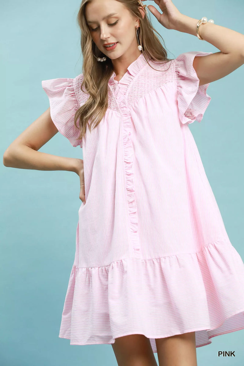 Pink striped smocked yoke ruffle dress front view