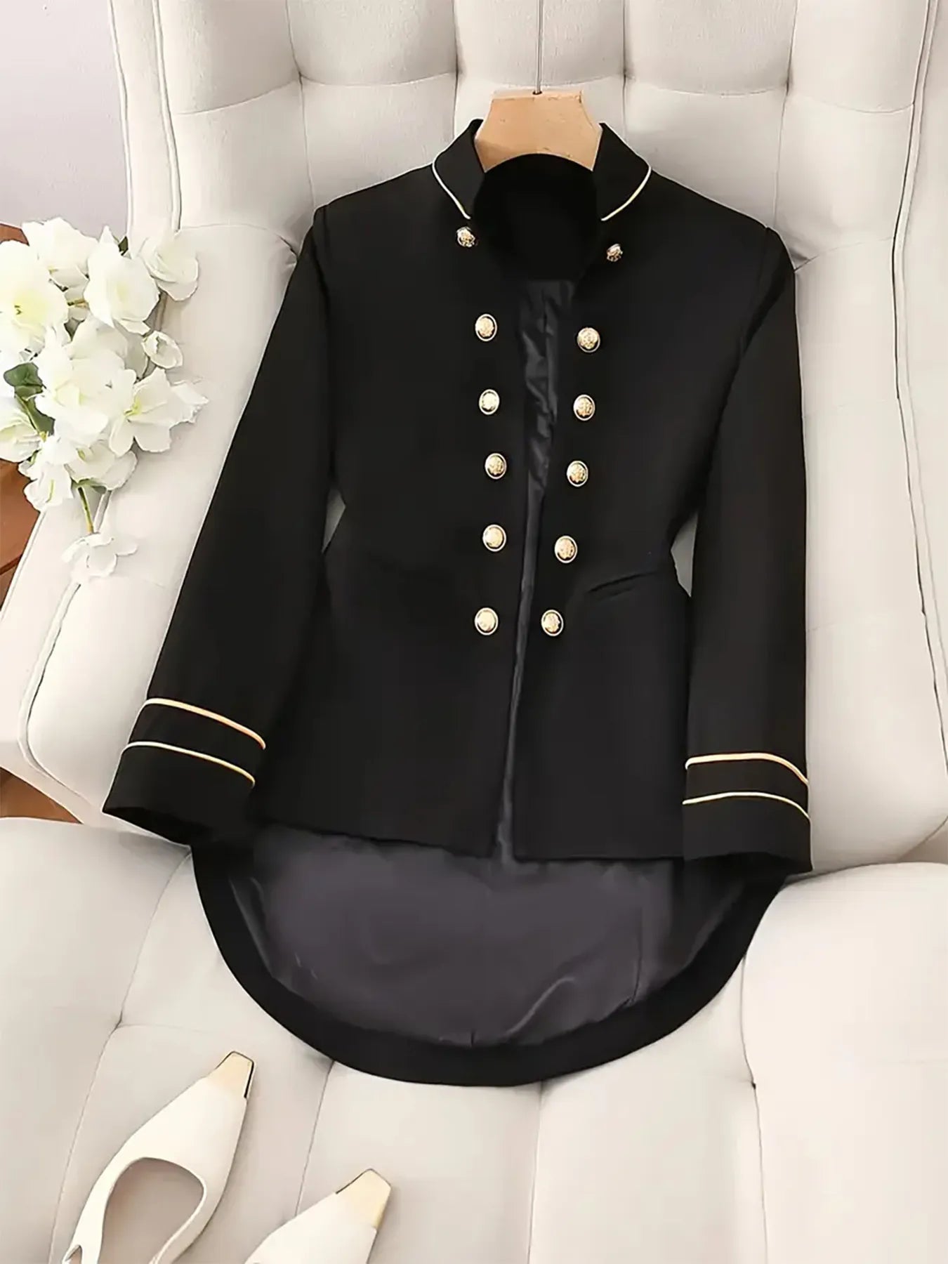 Decorative Button Hight-Low Blazer with Cuff Trim - Fashorio