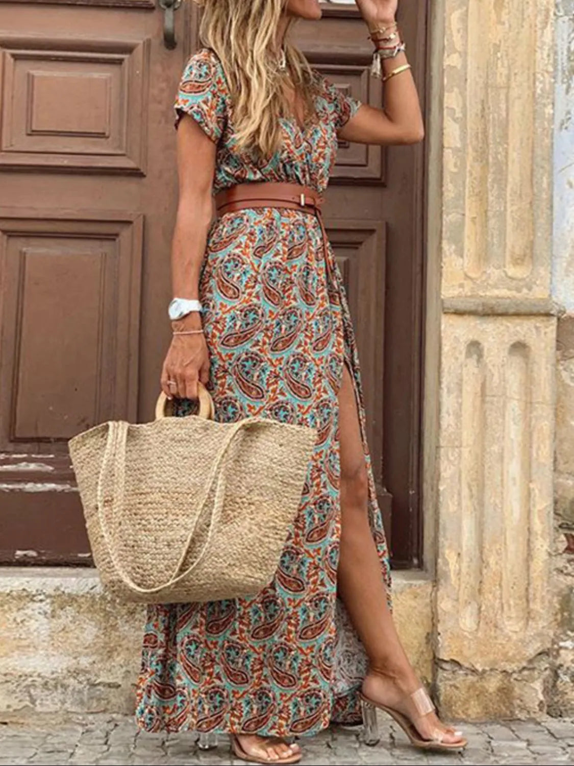 Printed V Neck Short Sleeve Maxi Dress back view