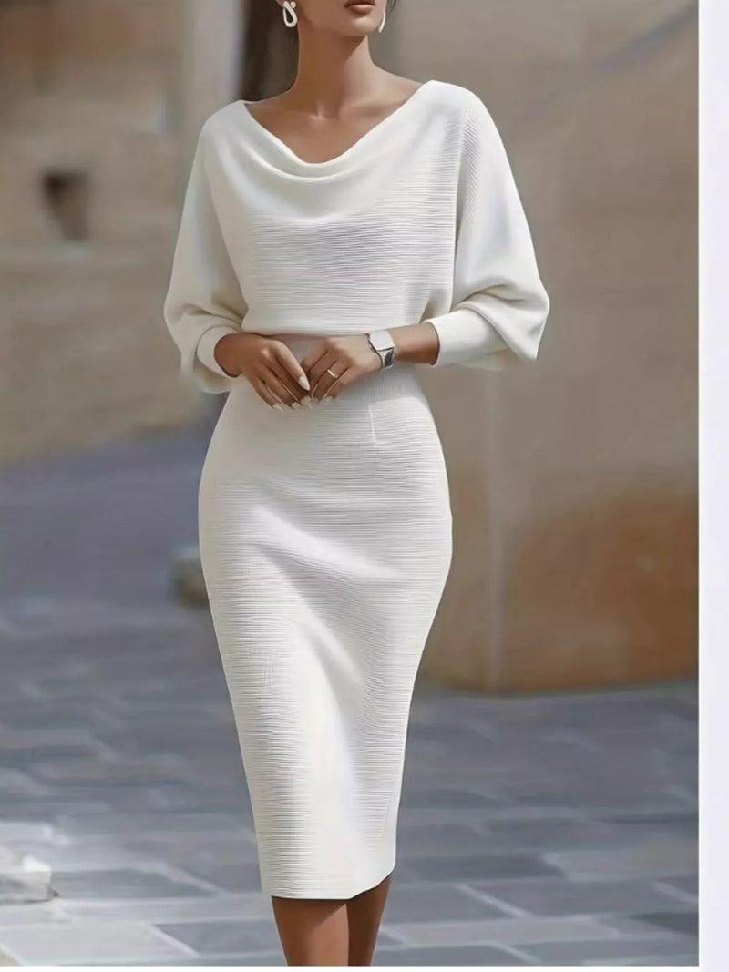 Cowl neck knit bodycon dress front view