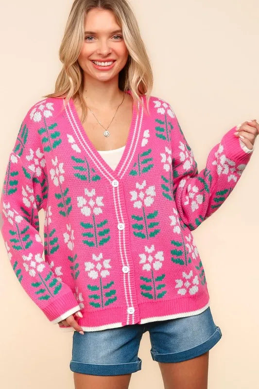 Haptics Full Size Floral Jacquard V-Neck Button Up Cardigan Hot Pink - Fashorio