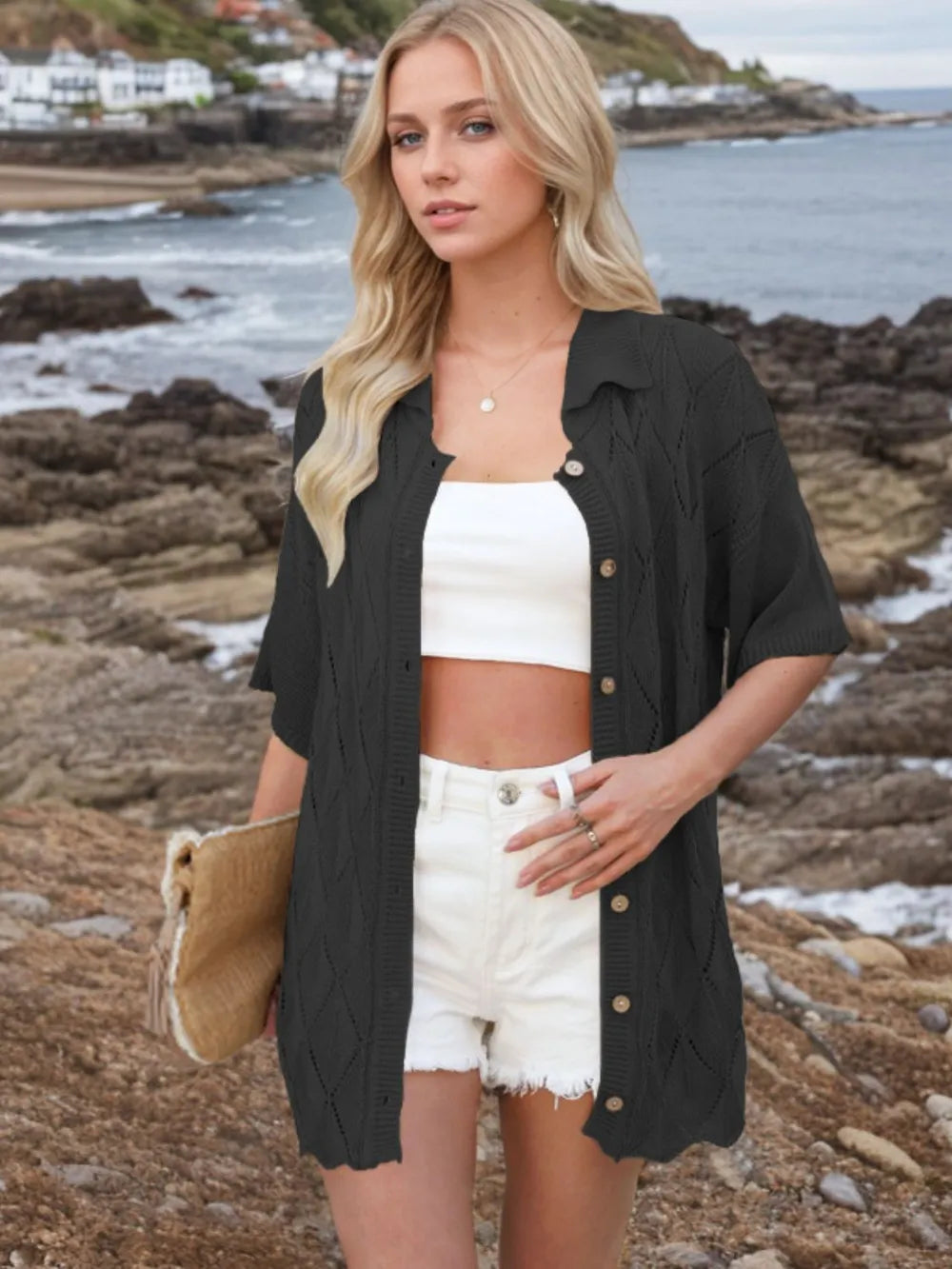 Button Down Eyelet Collared Neck Knit Shirt Black - Fashorio