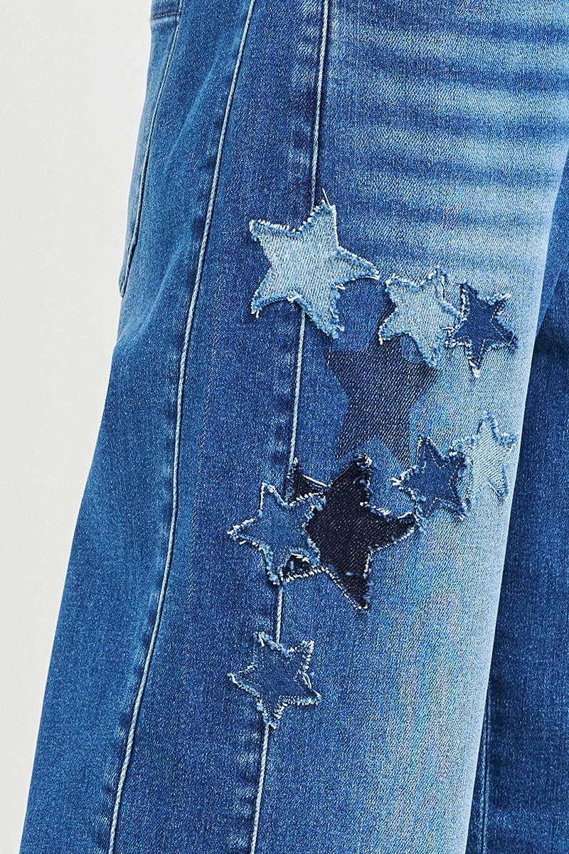 RISEN star patch barrel jeans styled look