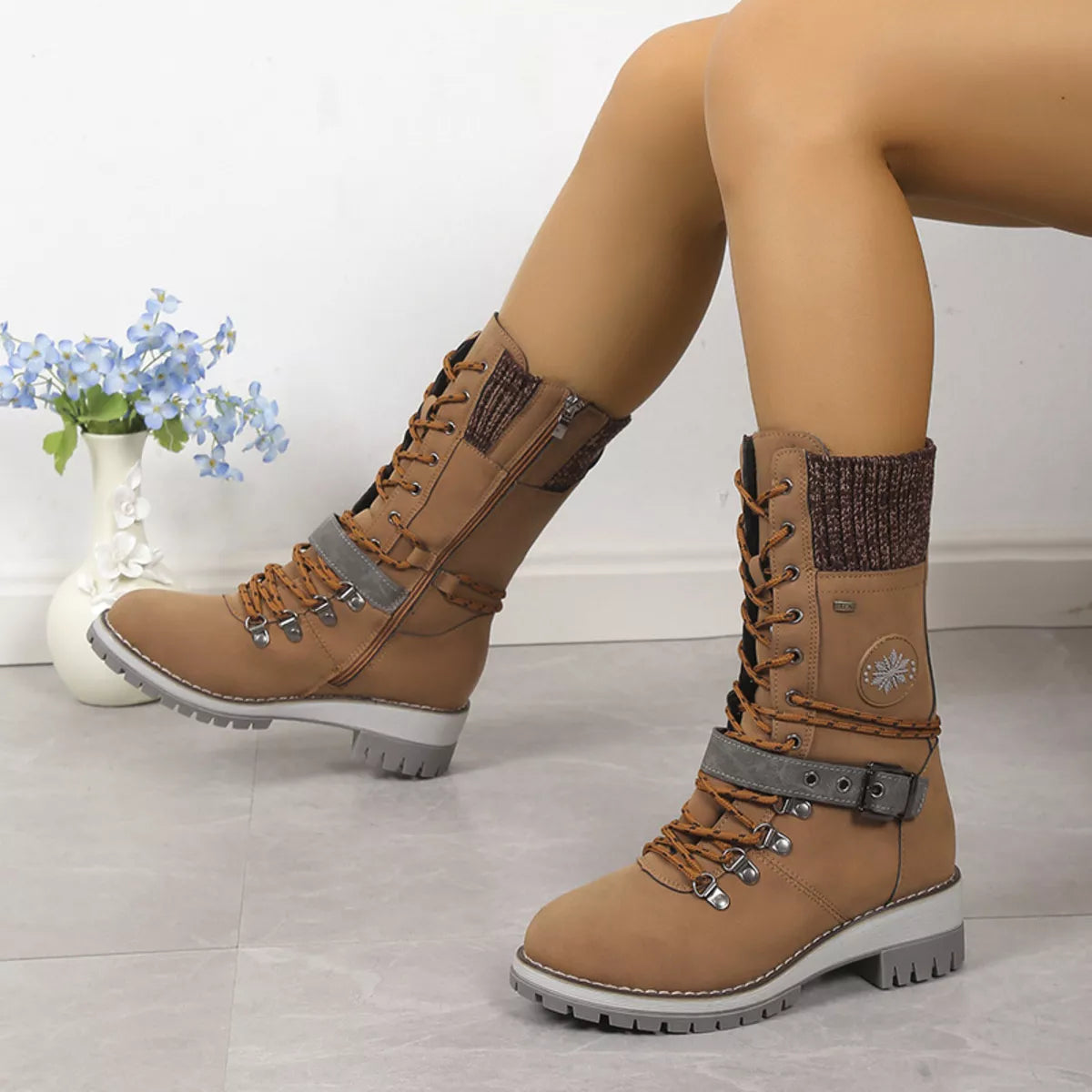 Lace Up Block Heel Boots paired with denim