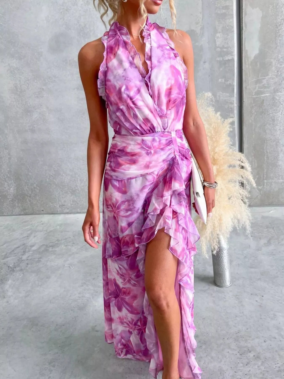 Floral ruffle maxi dress styled with wedges