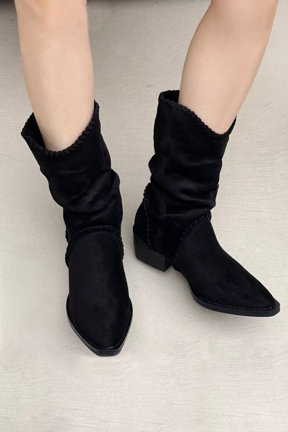 Black point toe block heel boots back view