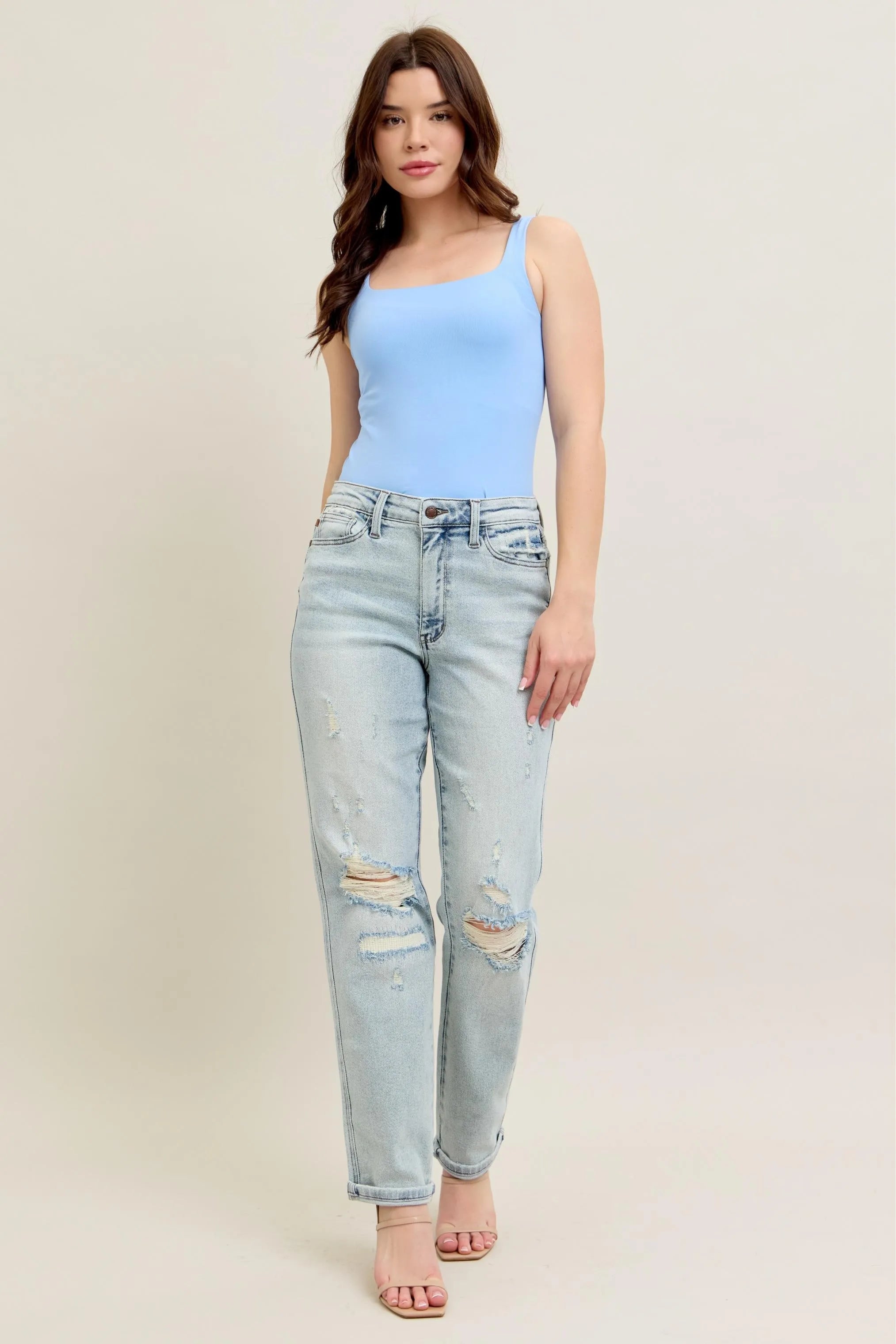 Judy Blue Full Size Mr Repair Stitch Detail Destroy Single Cuff Bf Jeans Plus Size LT - Fashorio