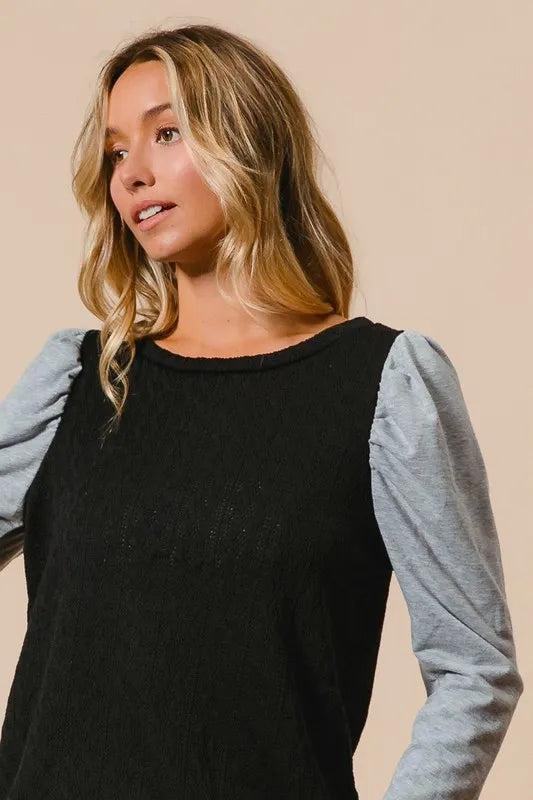 Cable Knit Top with Contrast Puff Sleeve in Black side view