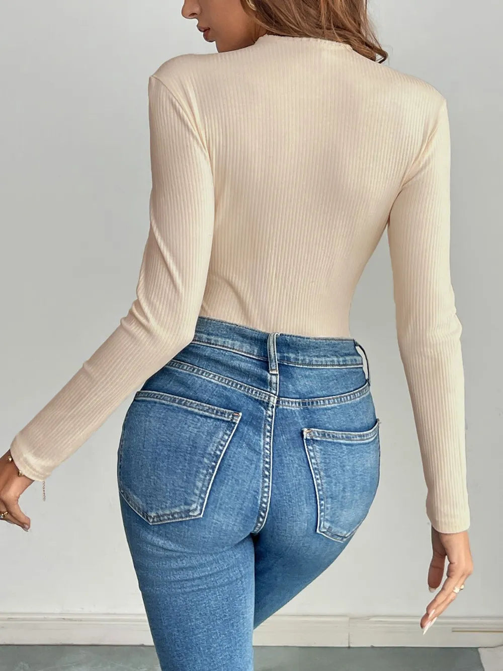 Perfee Decorative Button Round Neck Long Sleeve Bodysuit - Fashorio