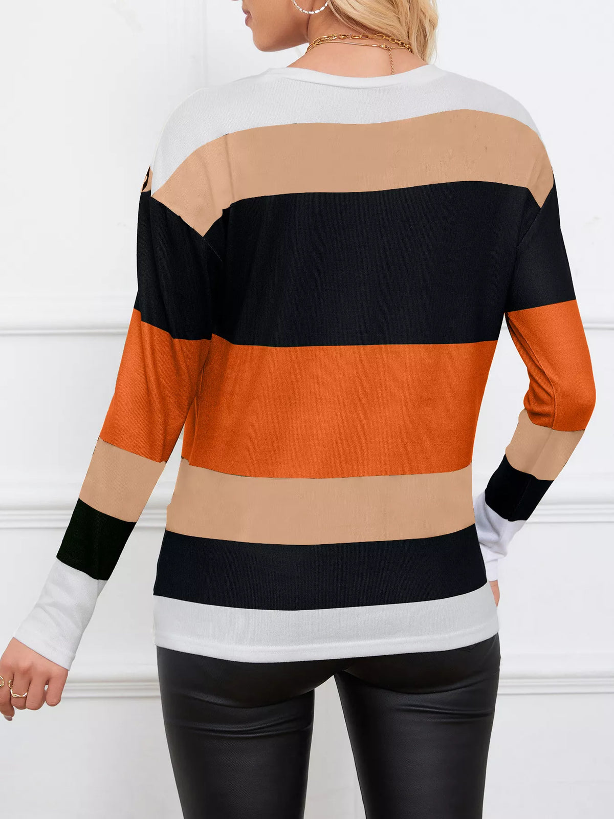 leopard color block striped knit top neckline detail