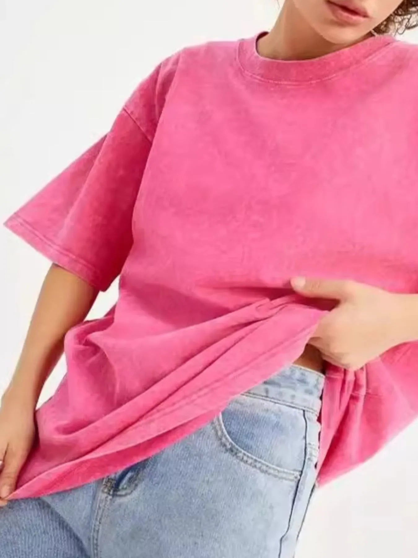 Round Neck Short Sleeve T-Shirt Rose Red - Fashorio