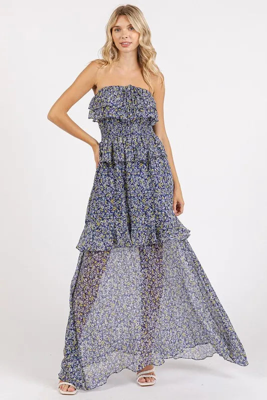 Ruffled floral halter maxi dress front view
