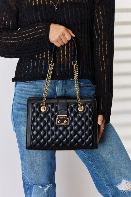 David Jones Quilted PU Leather Handbag Black One Size - Fashorio