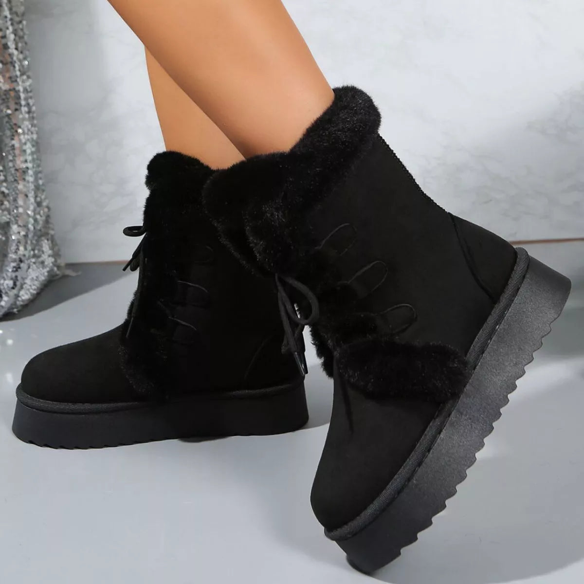 Fuzzy Trim Lace Up Platform Boots heel detail
