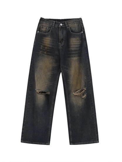 Men's Full Size Washed Distressed Wide Leg Jeans Plus Size Rust Blue - Fashorio