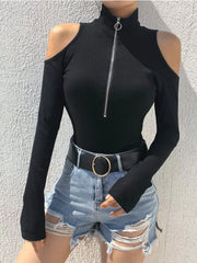 Zip Front Cold Shoulder Bodysuit - Fashorio