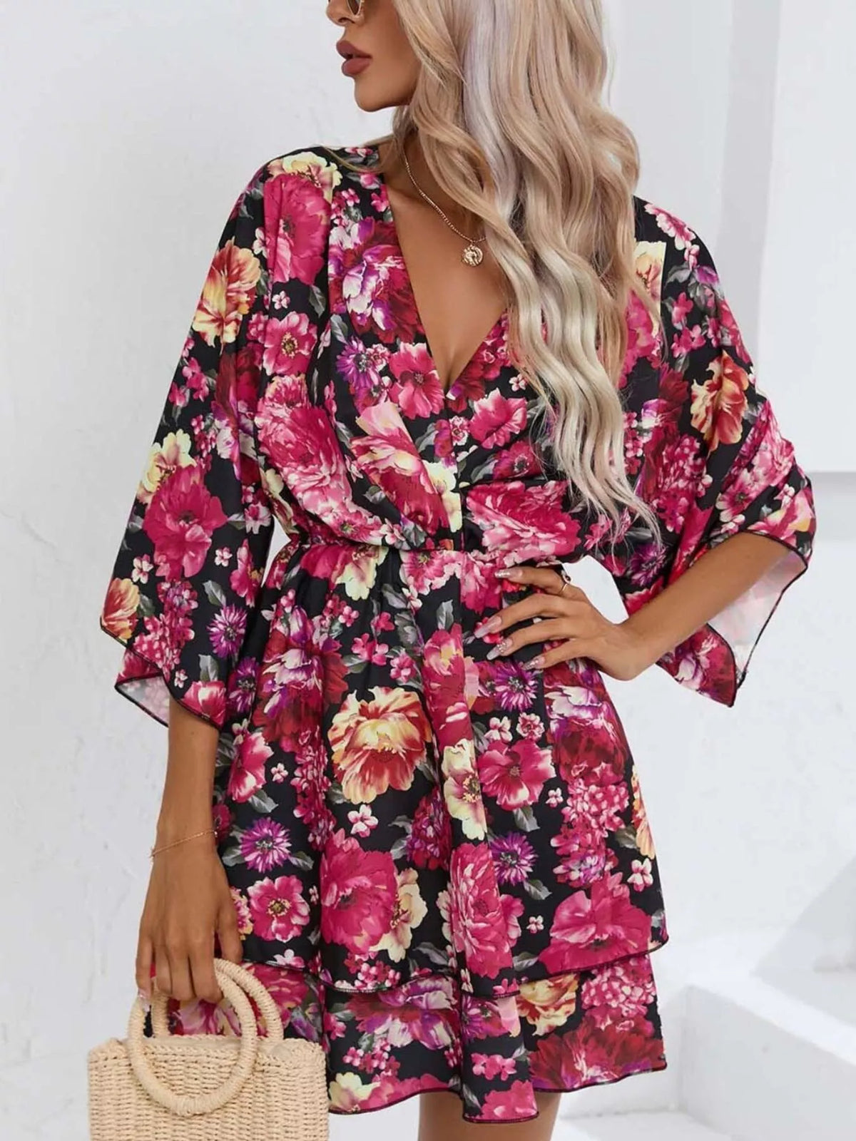 Floral print tiered ruffle hem mini dress front view