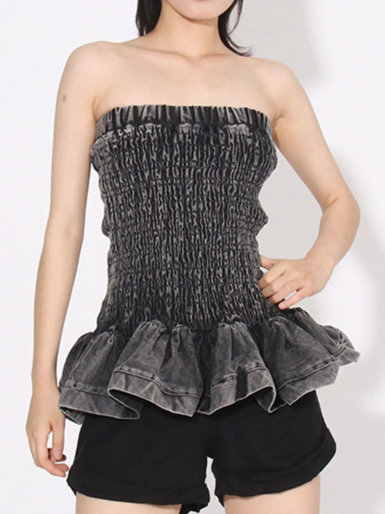 Smocked Ruffled Hem Denim Tube Top - Fashorio