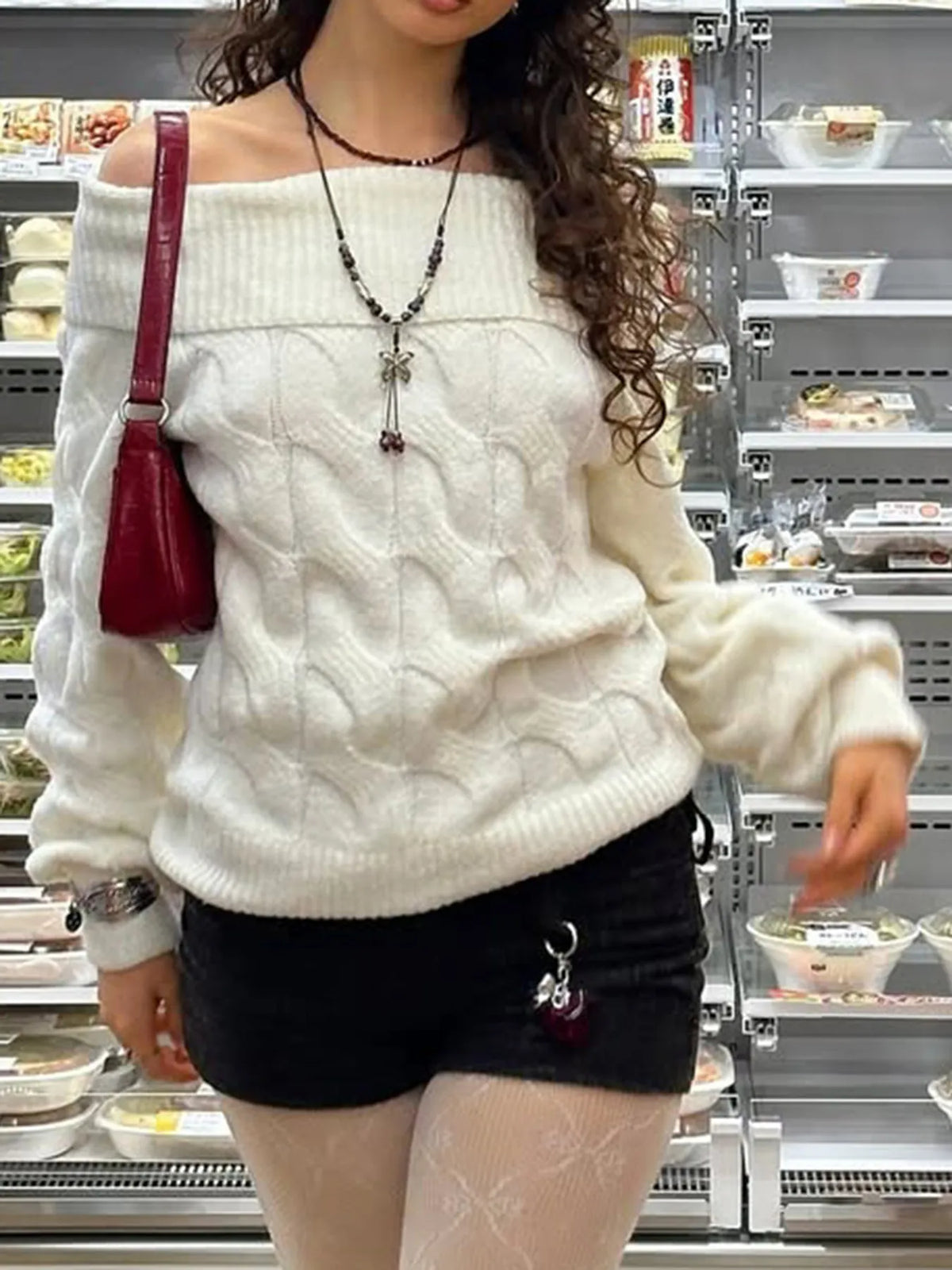 Cable Knit Off Shoulder Sweater side view