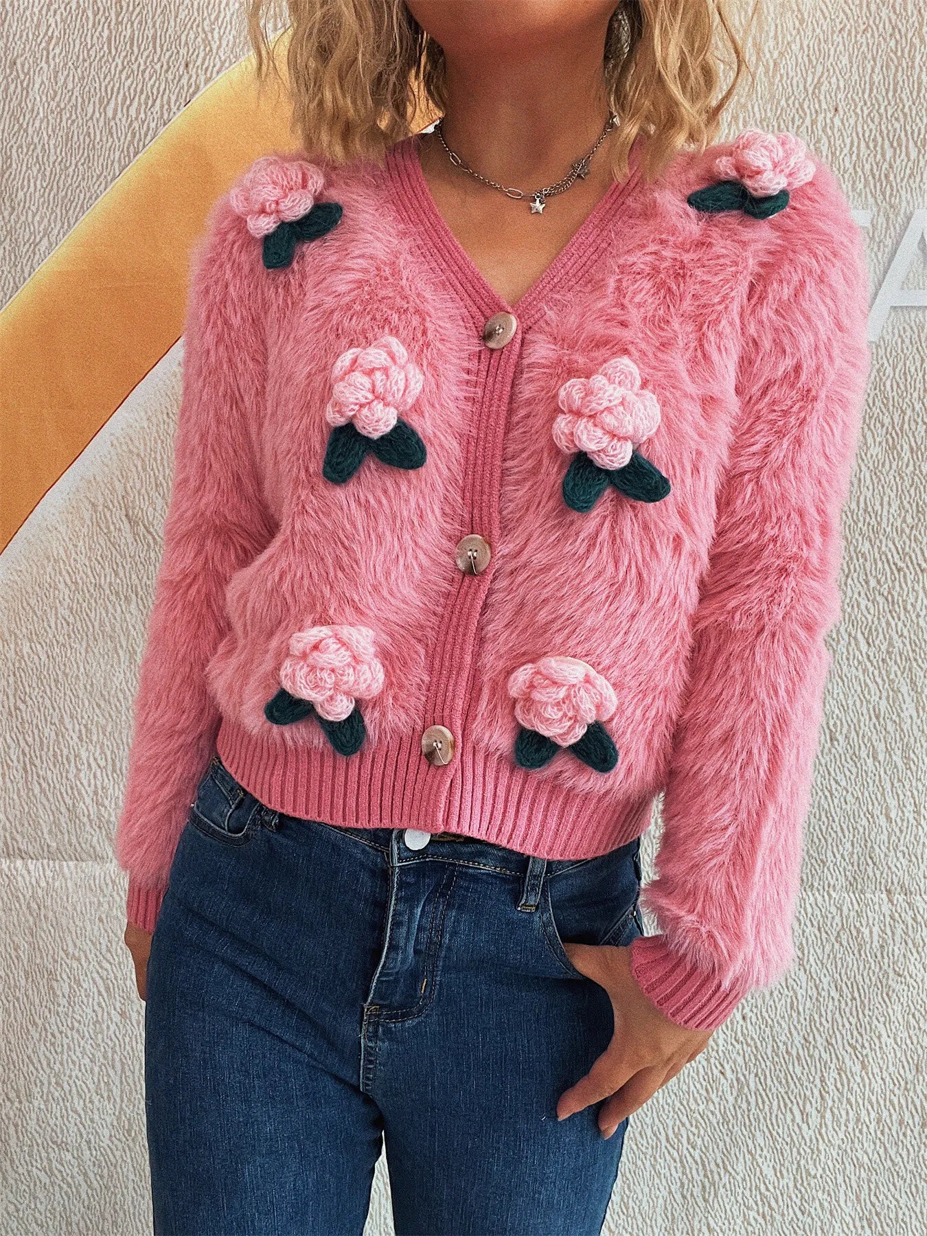 Flower Fuzzy Button-Up Cardigan - Fashorio