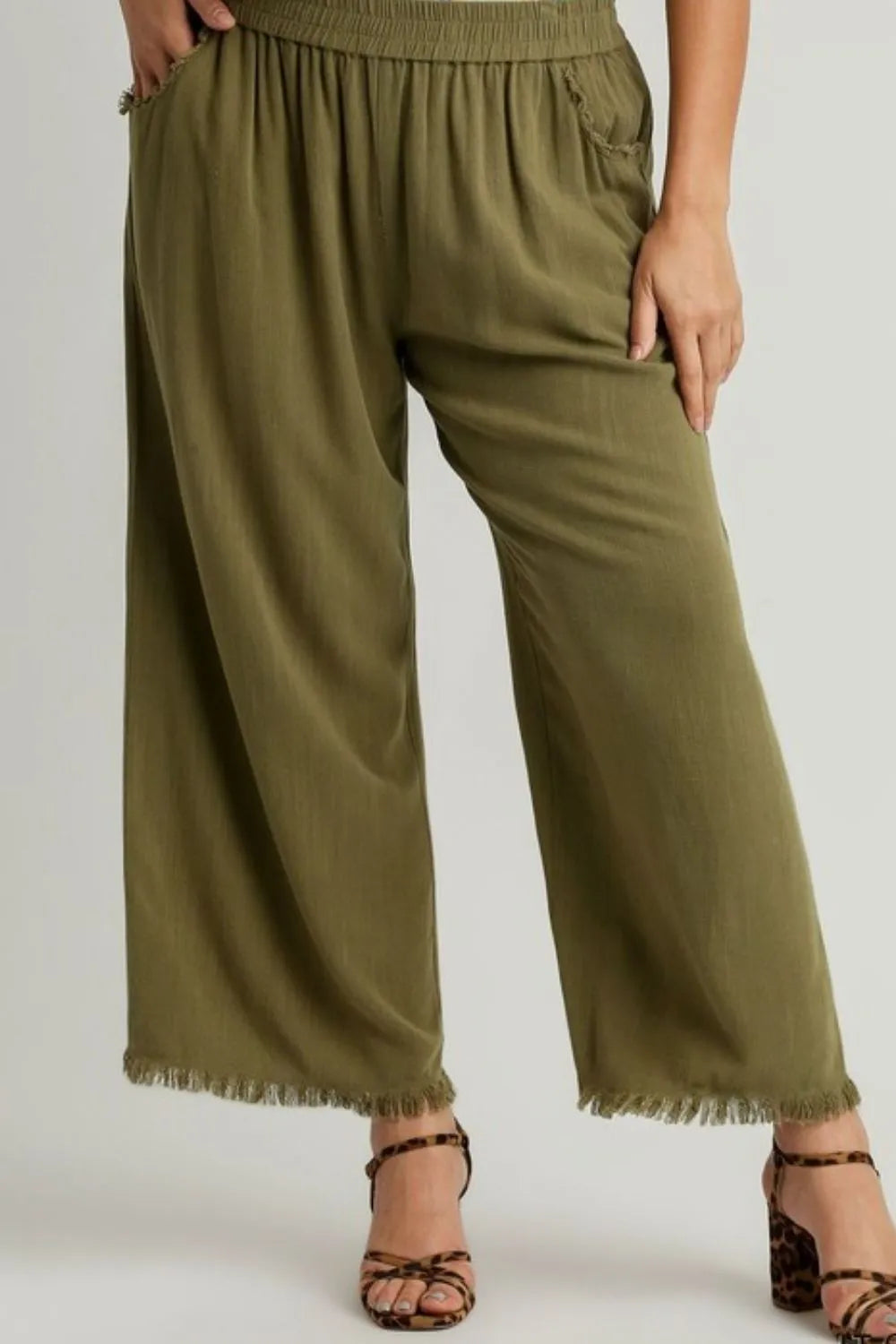 Umgee Full Size Linen Blend Elastic Waistband Wide Leg Pants Plus Size - Fashorio
