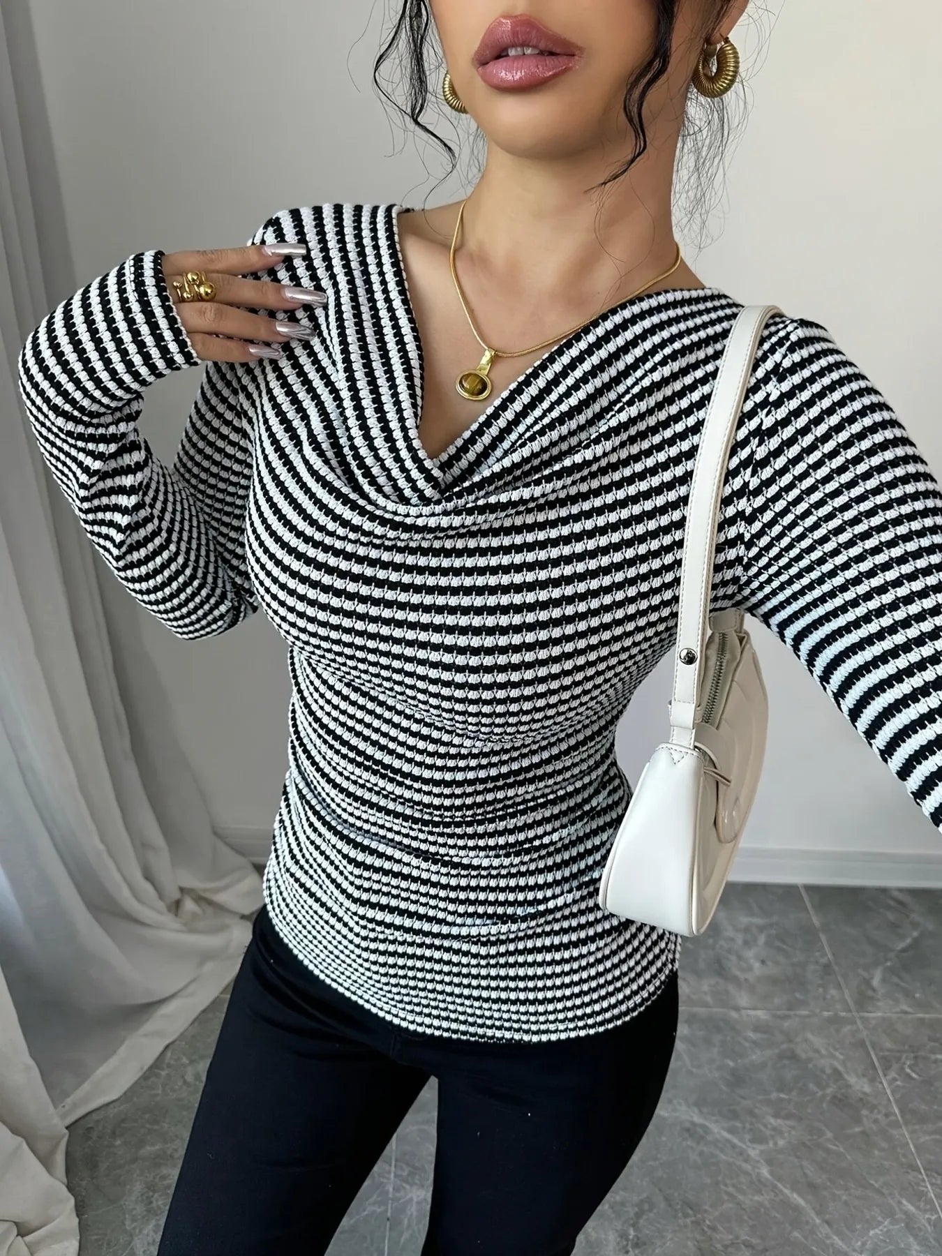 Striped Cowl Neck Long Sleeve T-Shirt Black - Fashorio