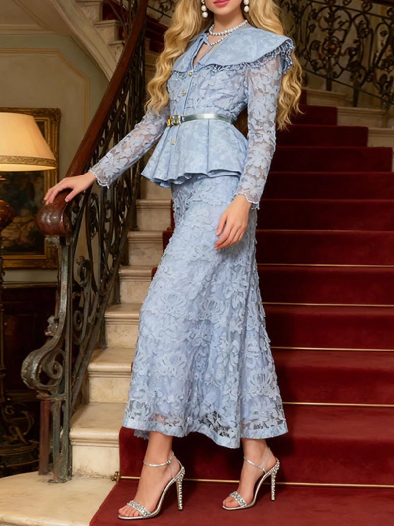 Lace peplum top and skirt two piece set blue front view