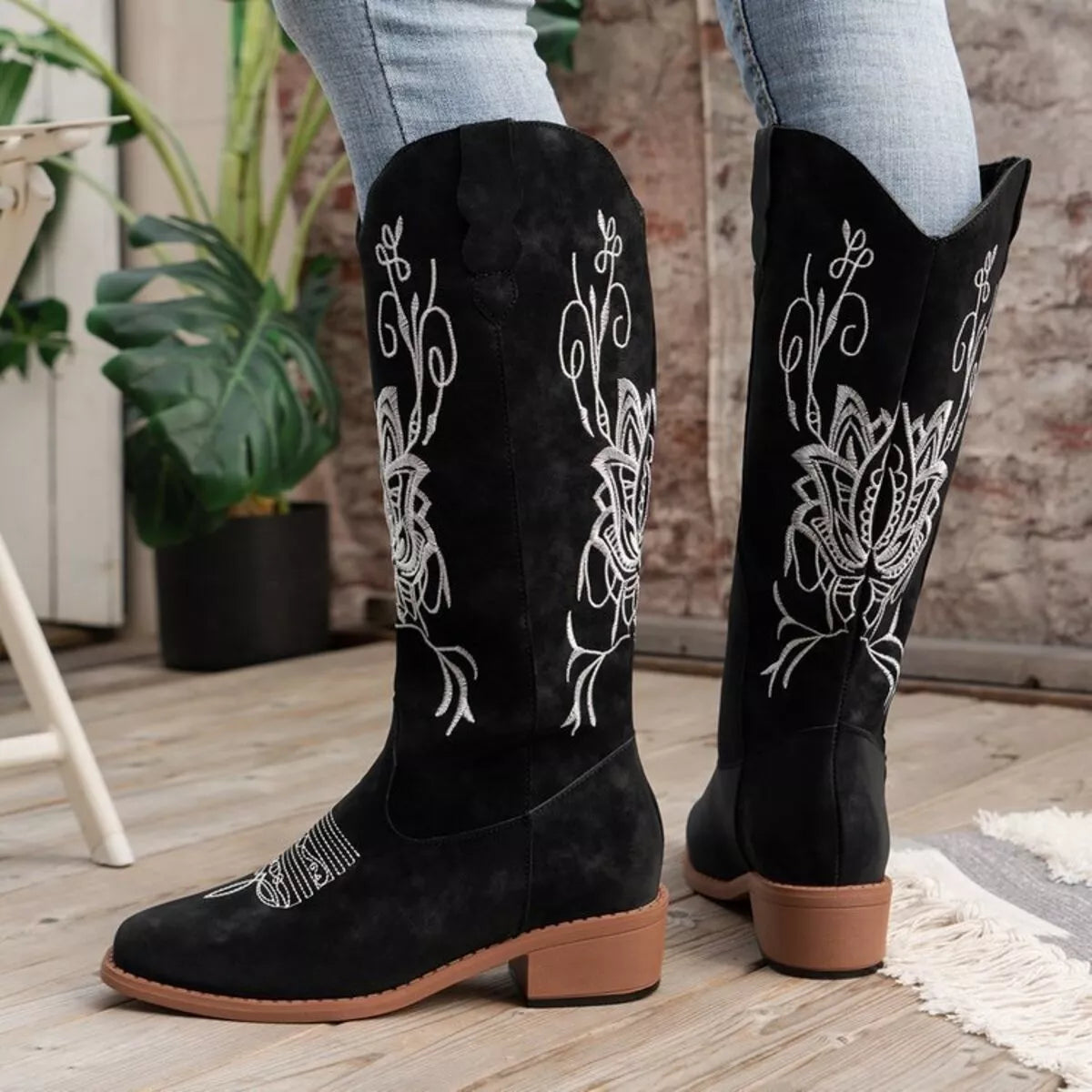 Embroidered western block heel boots side profile
