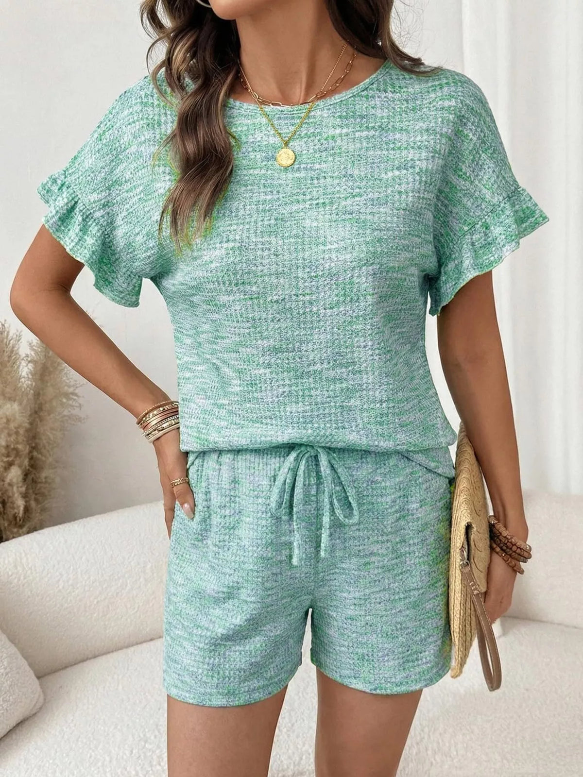 Ruffle Sleeve Textured Top and Shorts Set, view 15